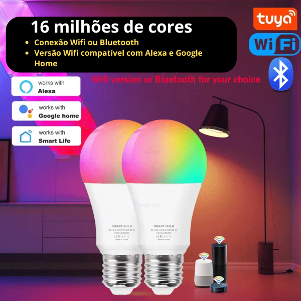 Lâmpada LED Inteligente Bivolt RGB Controle Por APP Smart Life ou Tuya / Alexa e Google Home