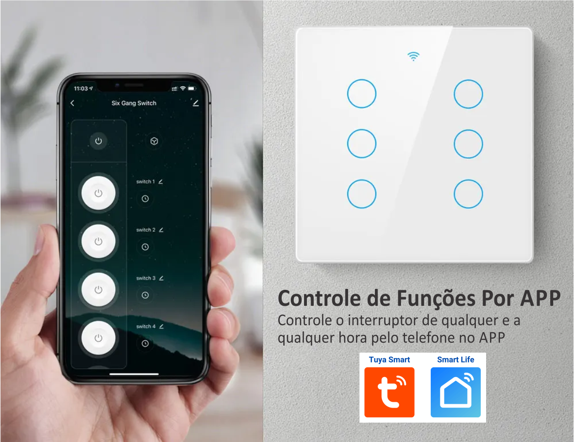 Interruptor Inteligente Touch Screen 4 ou 6 Botões Com Wifi App Tuya Smart Life Padrão Brazil 4x4 Sem Neutro RF433 Smart Life Alexa Google Home