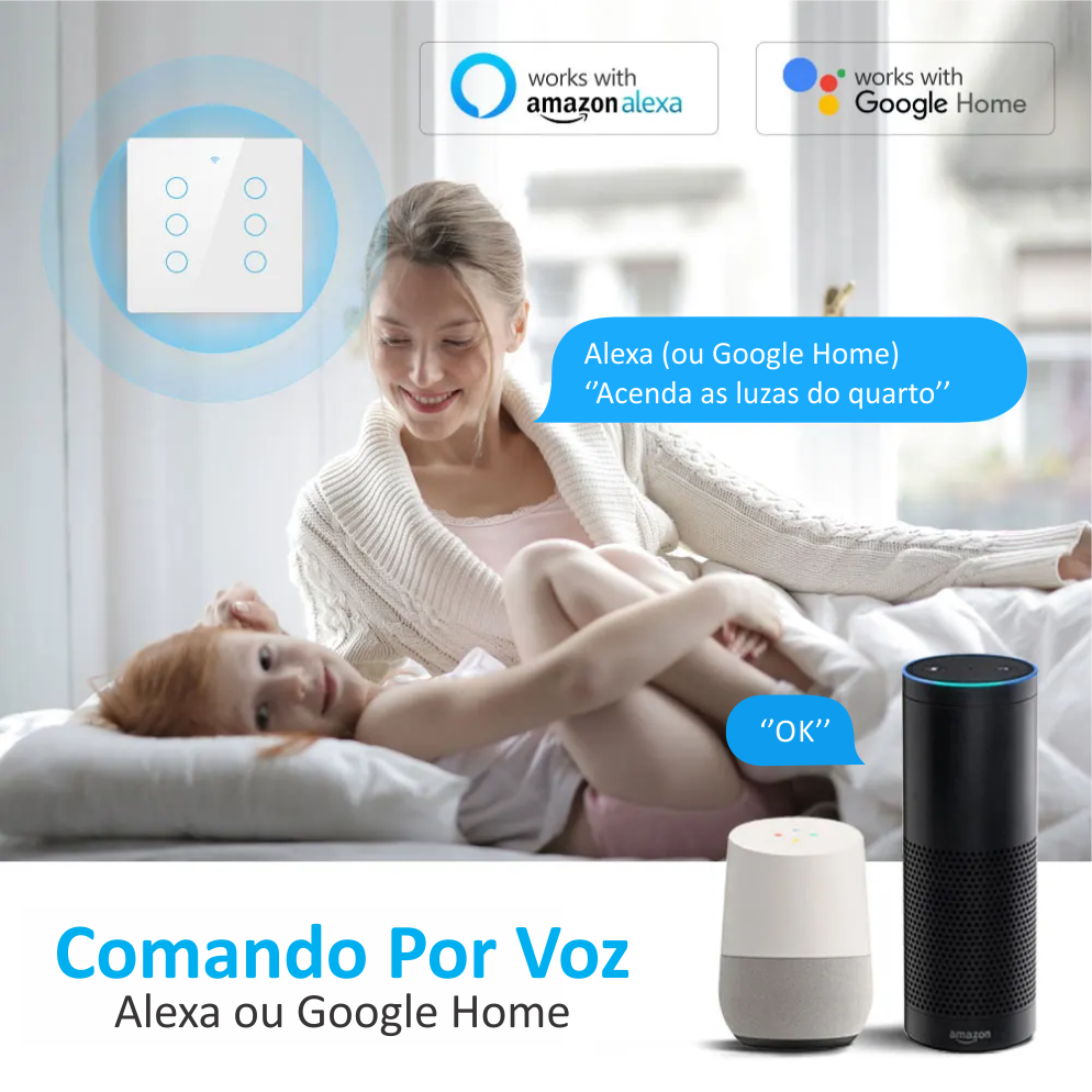 Interruptor Inteligente Touch Screen 4 ou 6 Botões Com Wifi App Tuya Smart Life Padrão Brazil 4x4 Sem Neutro RF433 Smart Life Alexa Google Home