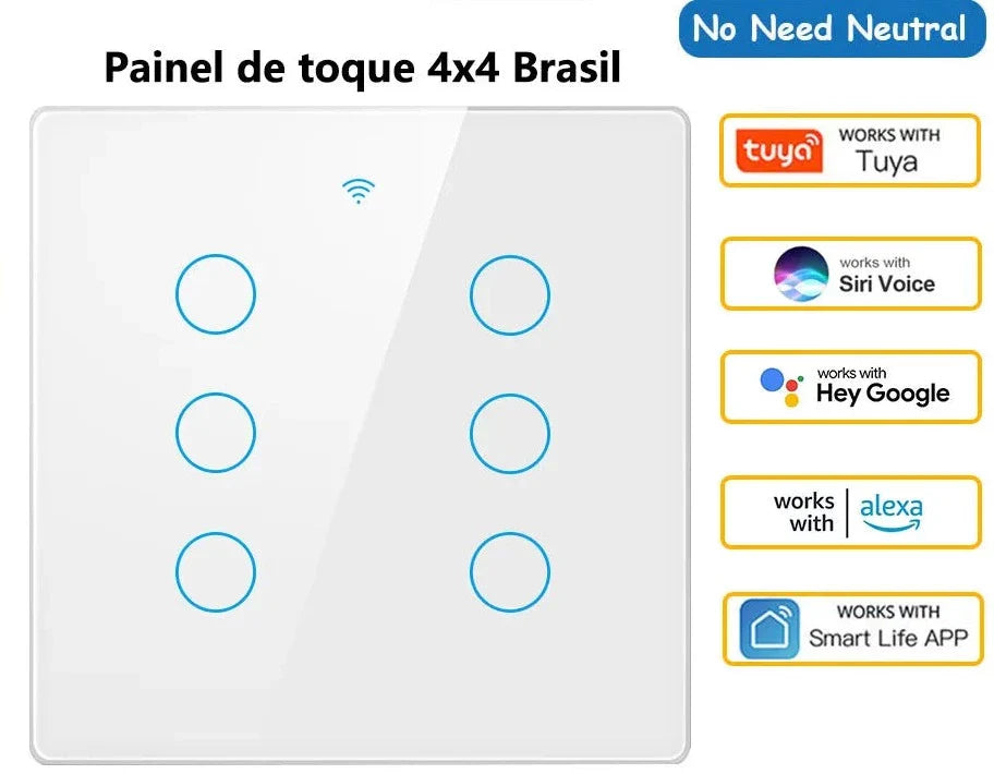 Interruptor Inteligente Touch Screen 4 ou 6 Botões Com Wifi App Tuya Smart Life Padrão Brazil 4x4 Sem Neutro RF433 Smart Life Alexa Google Home
