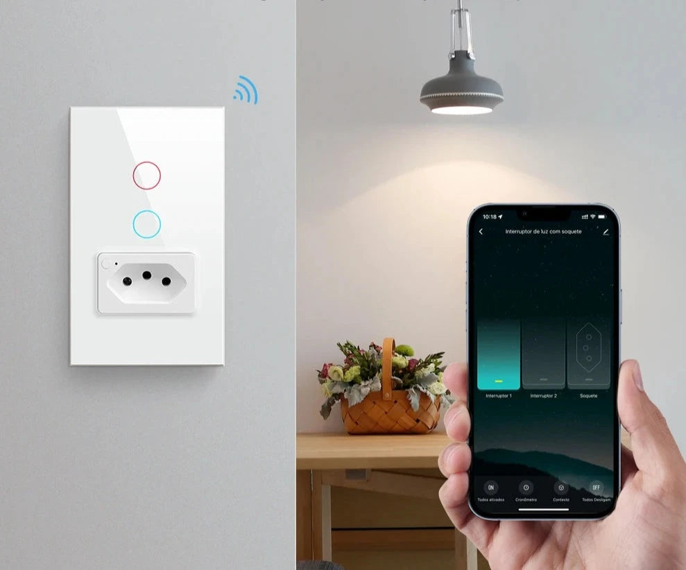 Interruptor Inteligente Com Tomada 20A Modelos em Branco e Preto
