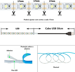 Fita LED Iluminação e Decoração Com Adesivo Dupla Face USB - Ideal Para TV´s